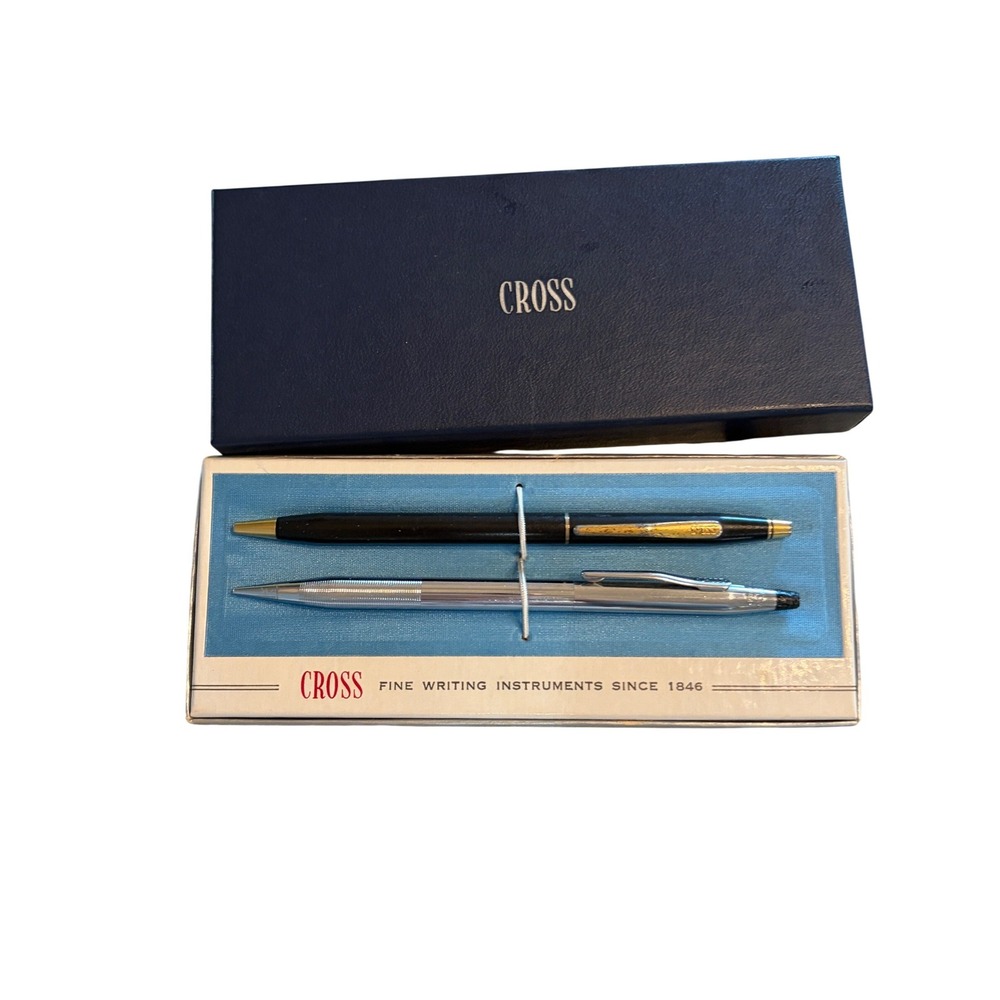 Vintage Cross Pen and Pencil Set Black Gold Chrome With Case READ